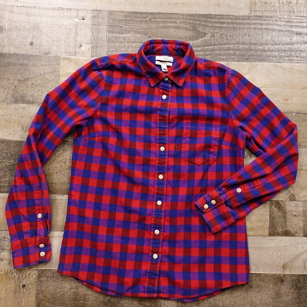 J.Crew Women’s Boy Flannel Button-Down Shirt Size 4 Red Blue Plaid 100% Cotton